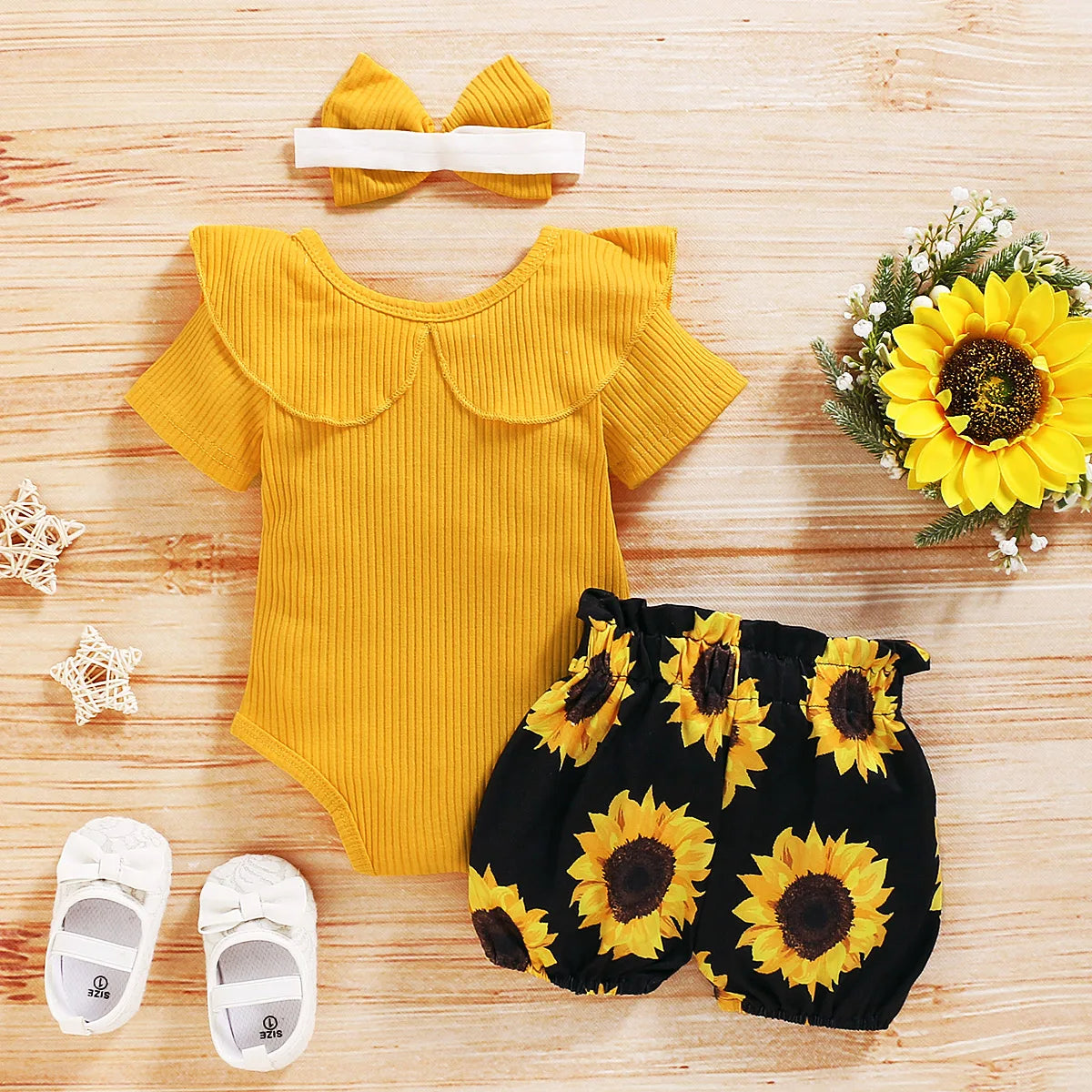 Mädchen Baby-Set 0–24 Monate, Kurzarm – 3-teiliges Set mit Body, Shorts und Kopfbedeckung