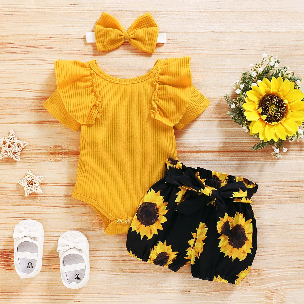 Mädchen Baby-Set 0–24 Monate, Kurzarm – 3-teiliges Set mit Body, Shorts und Kopfbedeckung