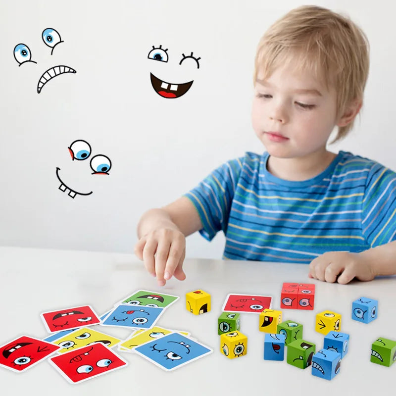Montessori Ausdrucks-Spiel – Holz-Bausteine Gesichtspuzzle für Kinder, lustiges Reaktionsspiel ab 3 Jahren