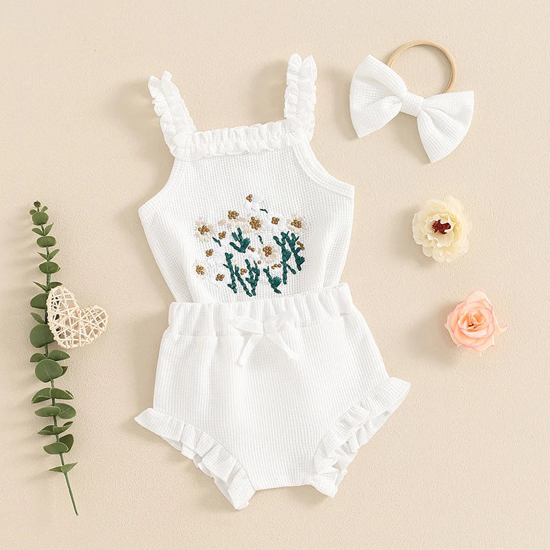 Mädchen Baby-Set 0–24 Monate, 100% Baumwolle, Kurzarm – Set bestehend aus 3 Teilen: Haarband, kurze Shorts und Body