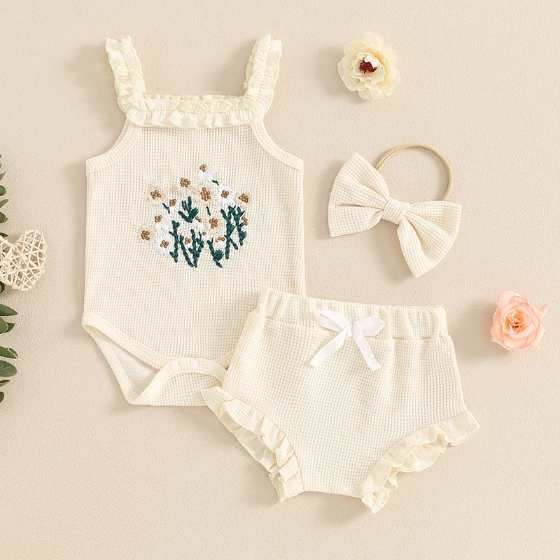 Mädchen Baby-Set 0–24 Monate, 100% Baumwolle, Kurzarm – Set bestehend aus 3 Teilen: Haarband, kurze Shorts und Body