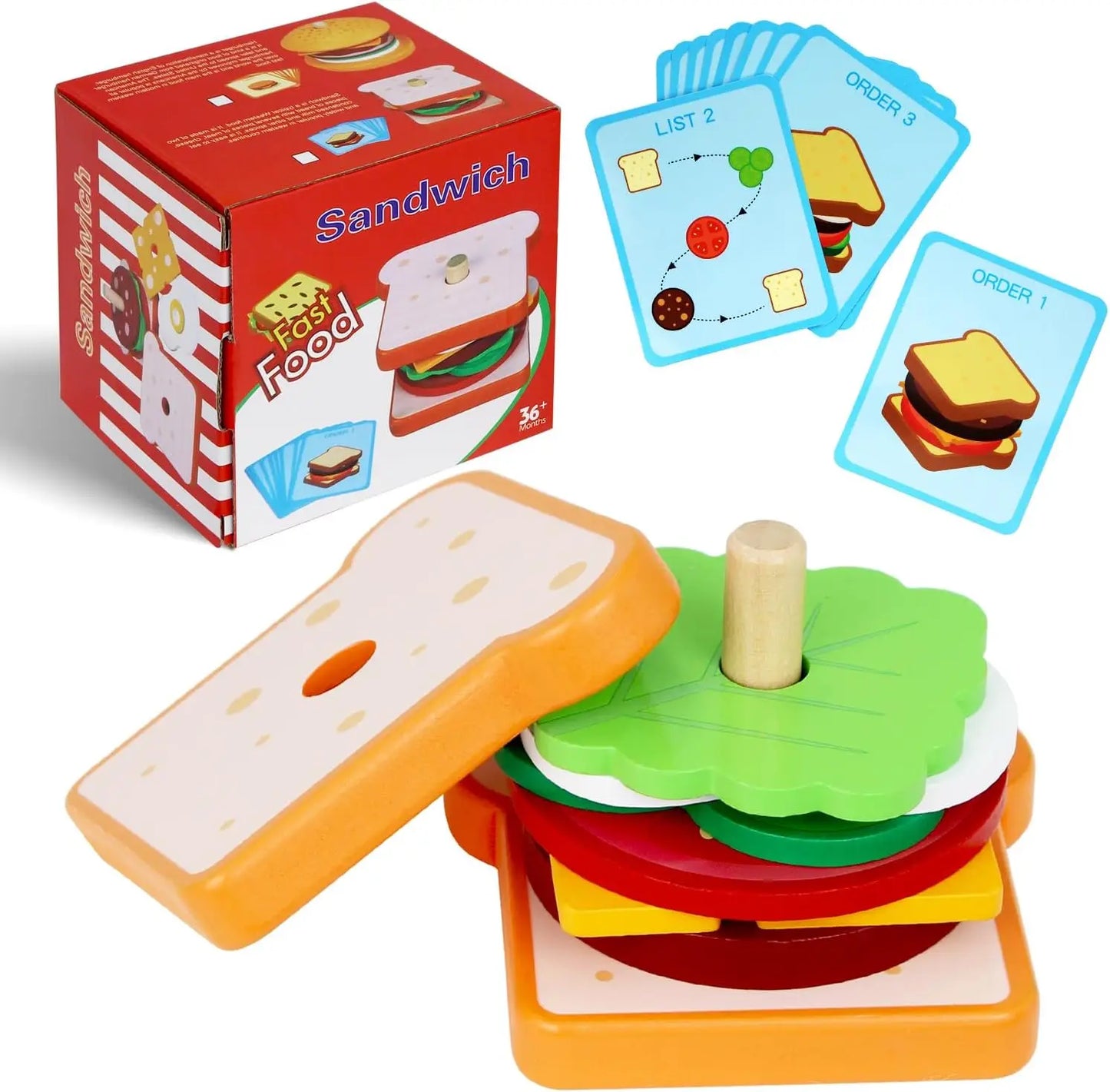 Holz Burger Sandwich Stapeln Spielzeug für Kleinkinder – Pädagogisches Lernspielzeug für Vorschule, Pretend Play und Kreatives Spielen