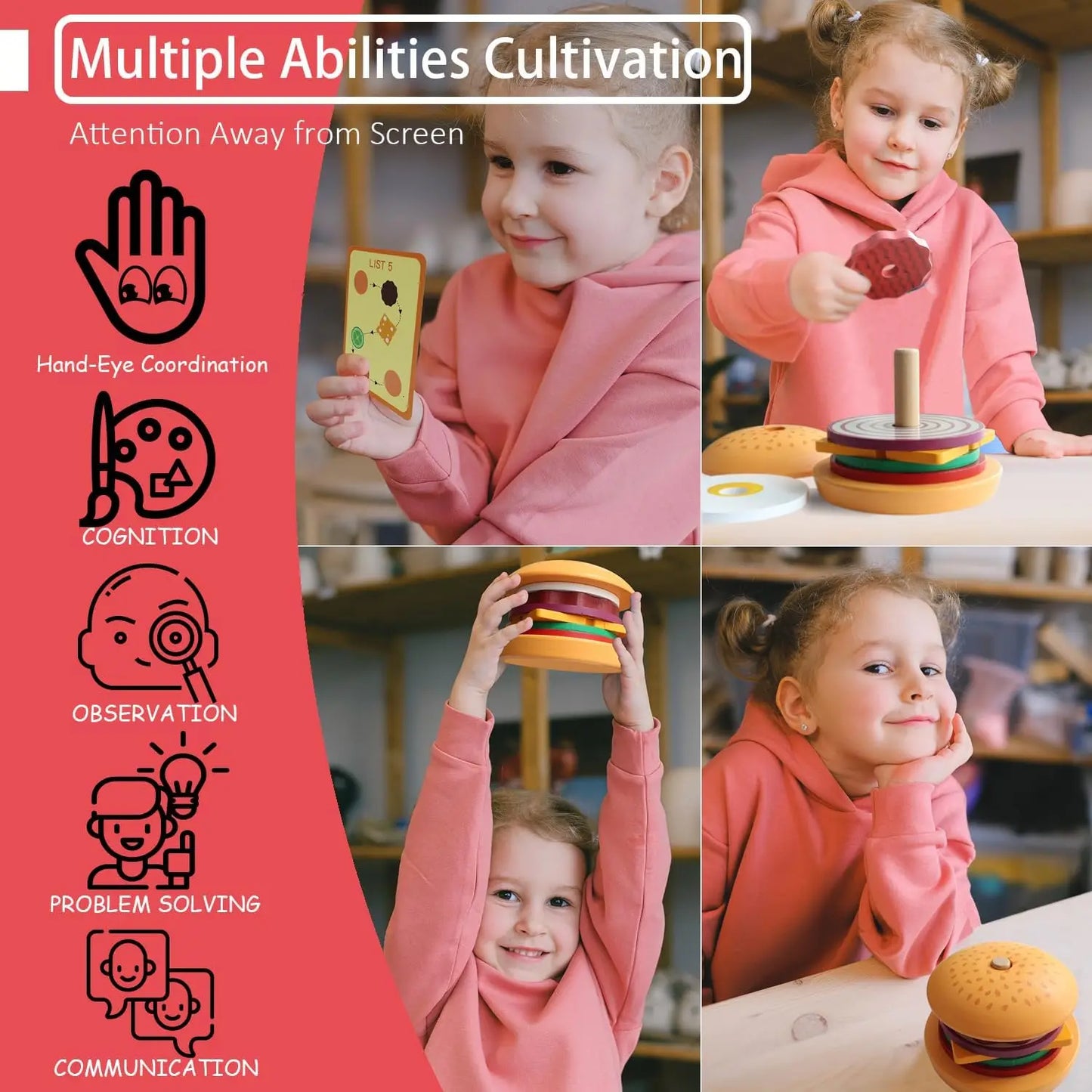Holz Burger Sandwich Stapeln Spielzeug für Kleinkinder – Pädagogisches Lernspielzeug für Vorschule, Pretend Play und Kreatives Spielen