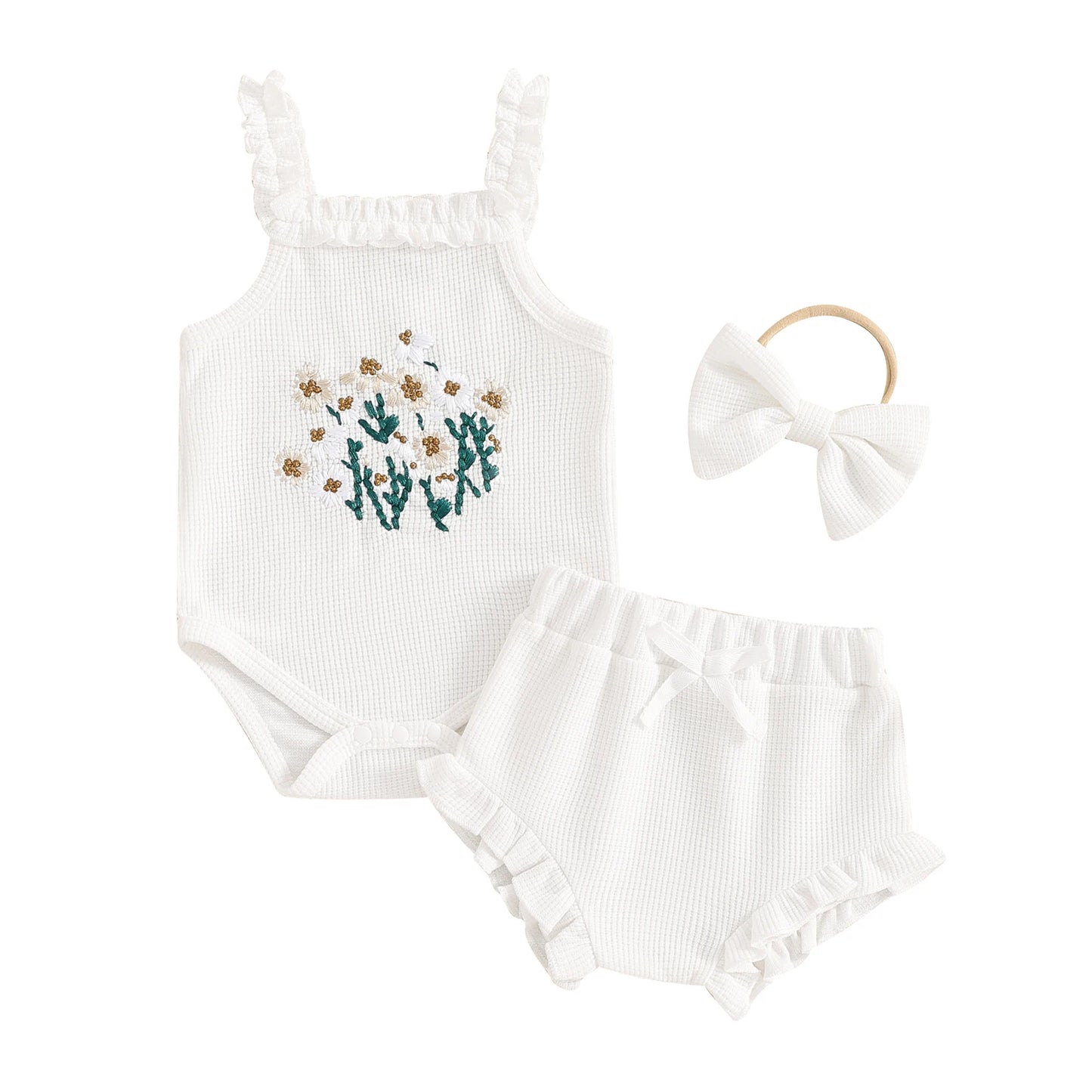 Mädchen Baby-Set 0–24 Monate, 100% Baumwolle, Kurzarm – Set bestehend aus 3 Teilen: Haarband, kurze Shorts und Body