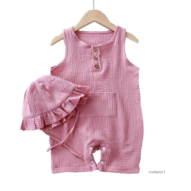 Unisex Body 0-24 Monate, 100% Baumwolle, Kurzarm mit Kapelusz, 2 Teile/Satz, Musselin Baby Spielanzug für Jungen und Mädchen