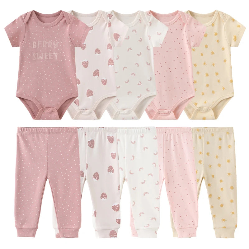 10-teiliges Baby-Outfit-Set für Jungen und Mädchen – Vier Jahreszeiten Mode, Weiche Neugeborenen Bodys und Hosen, Ideal als Geschenk für Babys