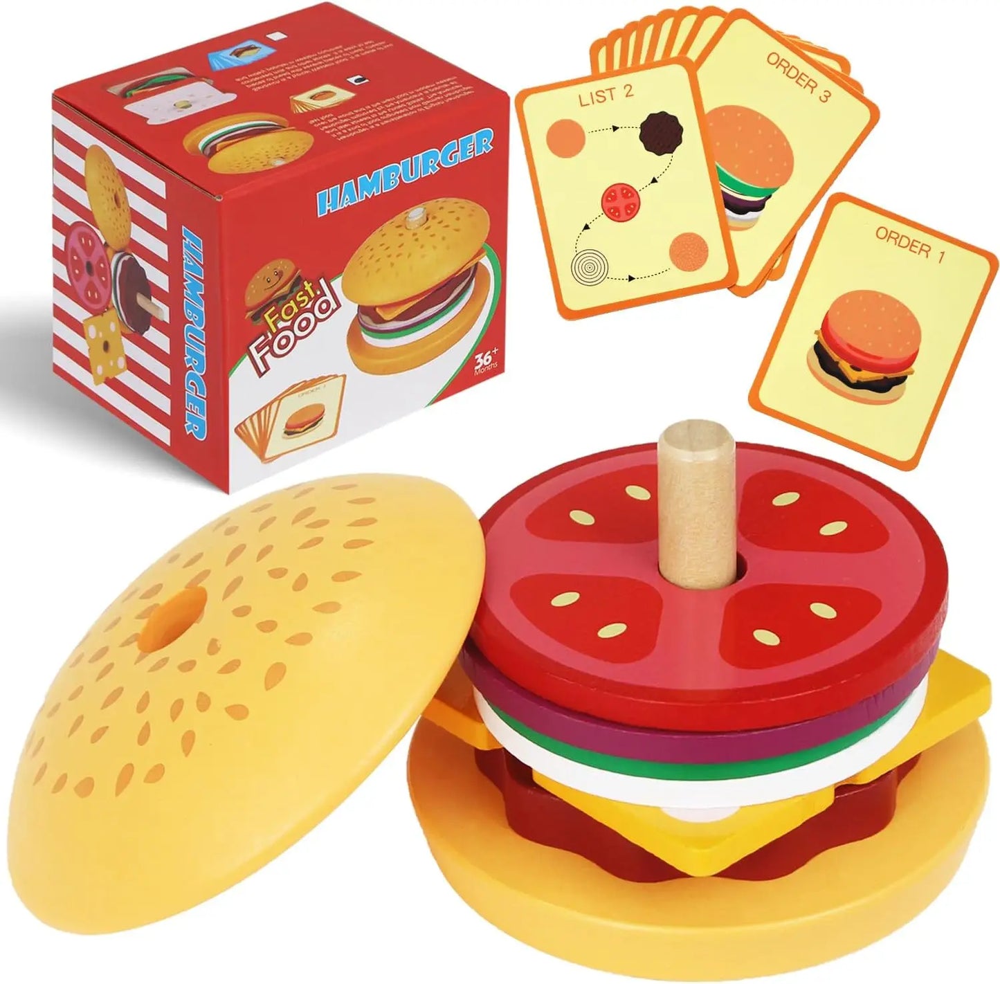 Holz Burger Sandwich Stapeln Spielzeug für Kleinkinder – Pädagogisches Lernspielzeug für Vorschule, Pretend Play und Kreatives Spielen