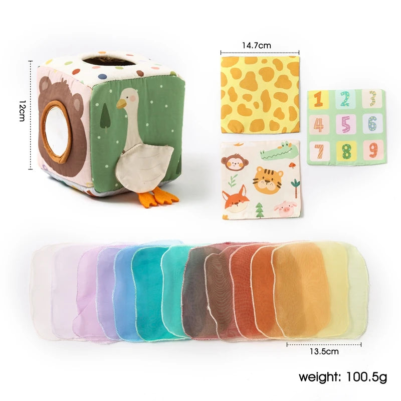 Montessori Baby Spielzeug – Magische Taschentuchbox aus Baumwolle mit Fingerübungen, Rassel, Stoffbuch & Aktivitätsbrett – Weiches Lernspielzeug ab 6 Monaten.