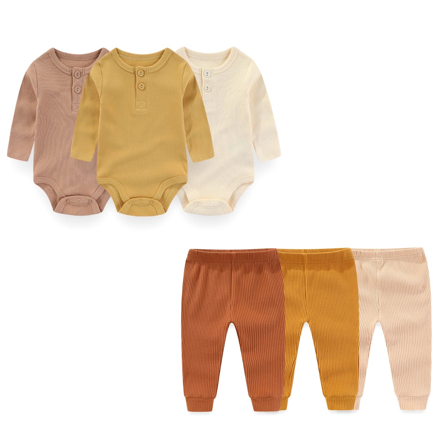 6-Piece Baby Clothing Set for Newborns – Long Sleeve Bodysuits + Pants, Unisex, For All Seasons, Comfortable Baby Clothing