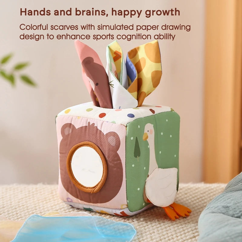 Montessori Baby Spielzeug – Magische Taschentuchbox aus Baumwolle mit Fingerübungen, Rassel, Stoffbuch & Aktivitätsbrett – Weiches Lernspielzeug ab 6 Monaten.