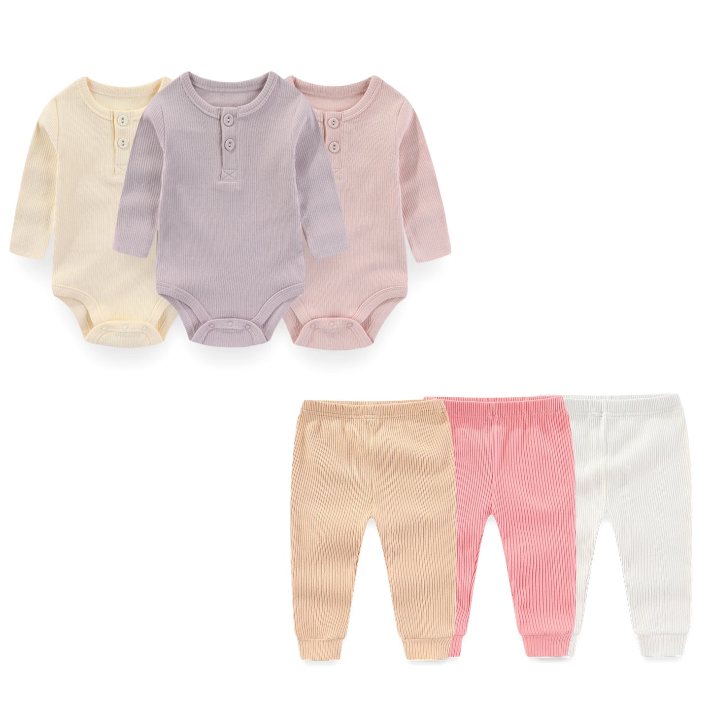 6-Piece Baby Clothing Set for Newborns – Long Sleeve Bodysuits + Pants, Unisex, For All Seasons, Comfortable Baby Clothing