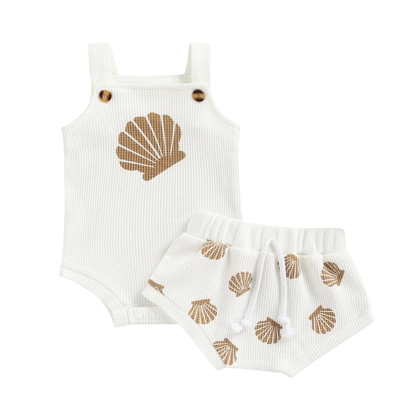 Modisches Baby Set für Neugeborene – Hosenträger-Strampler mit Muschel-Aufdruck und Bindeschorts für Jungen und Mädchen, Perfekt für den Sommer