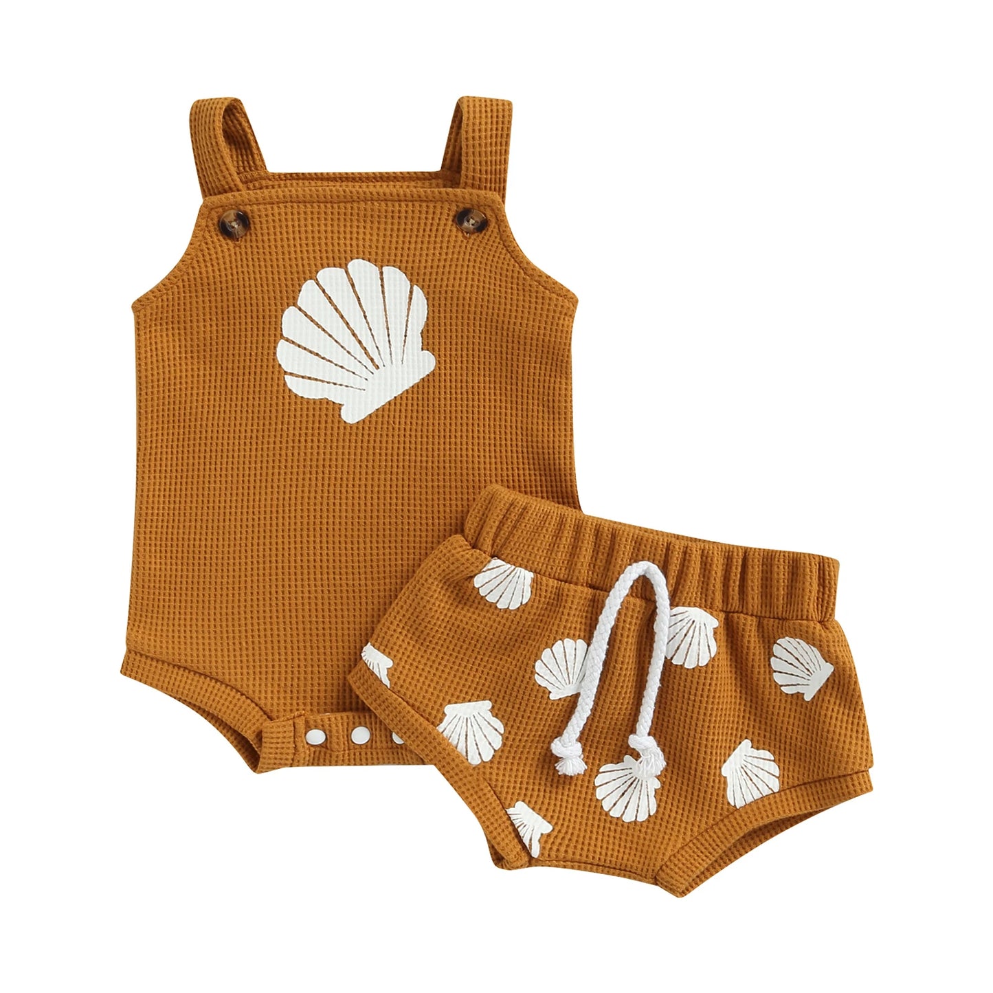 Modisches Baby Set für Neugeborene – Hosenträger-Strampler mit Muschel-Aufdruck und Bindeschorts für Jungen und Mädchen, Perfekt für den Sommer