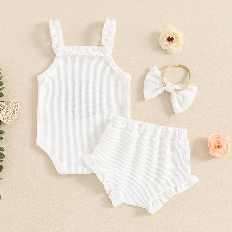 Mädchen Baby-Set 0–24 Monate, 100% Baumwolle, Kurzarm – Set bestehend aus 3 Teilen: Haarband, kurze Shorts und Body