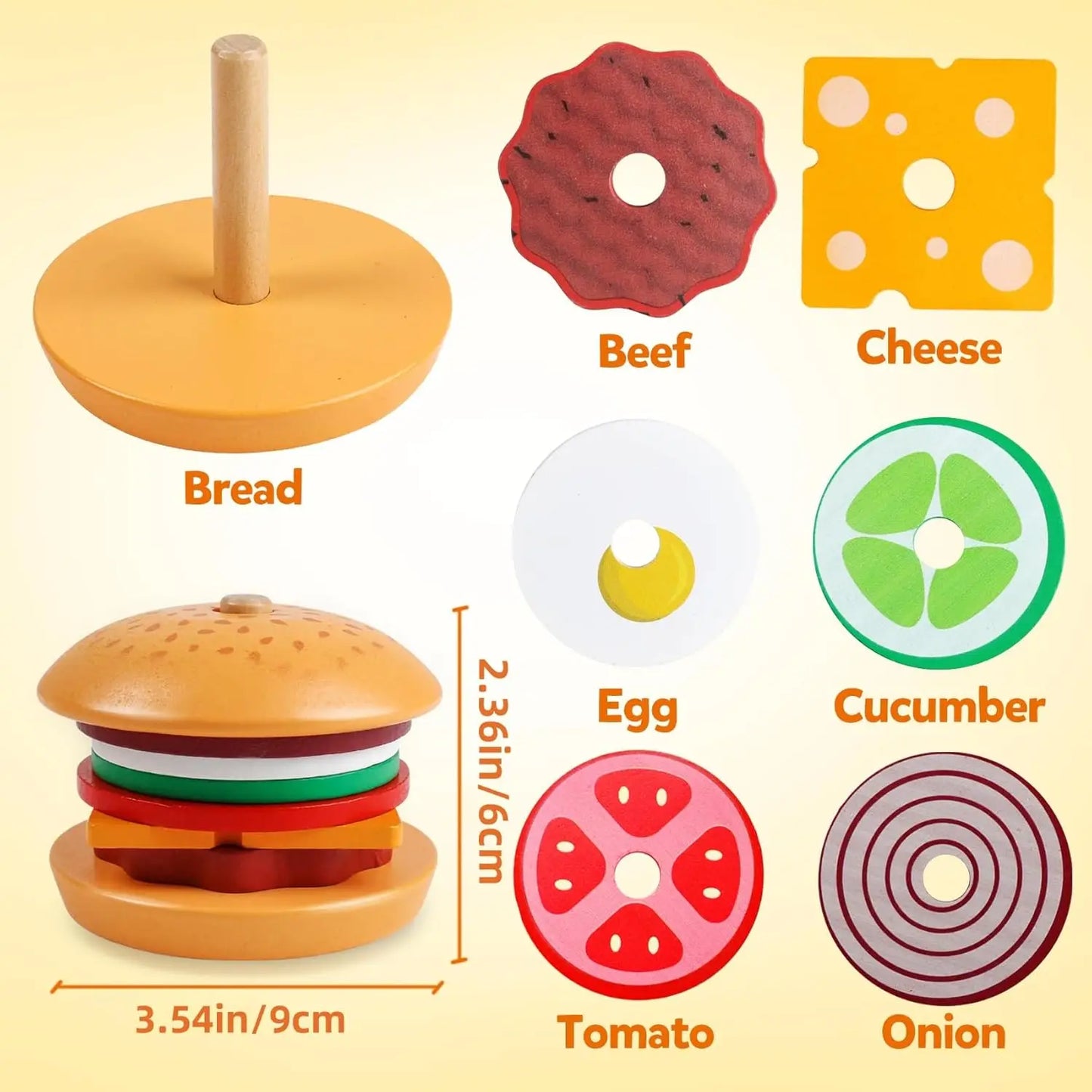 Holz Burger Sandwich Stapeln Spielzeug für Kleinkinder – Pädagogisches Lernspielzeug für Vorschule, Pretend Play und Kreatives Spielen