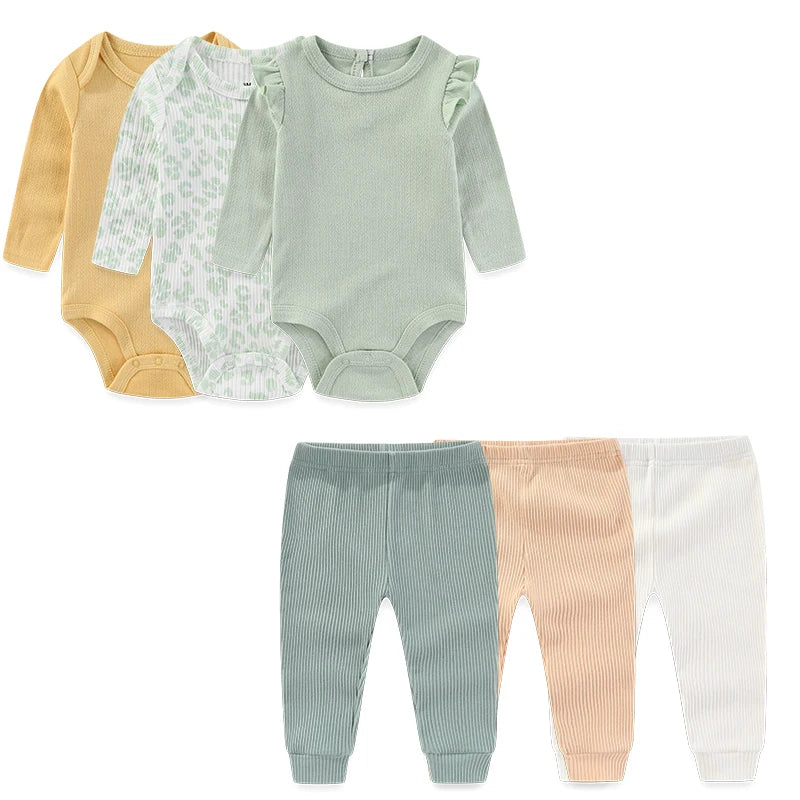 6-Piece Baby Clothing Set for Newborns – Long Sleeve Bodysuits + Pants, Unisex, For All Seasons, Comfortable Baby Clothing