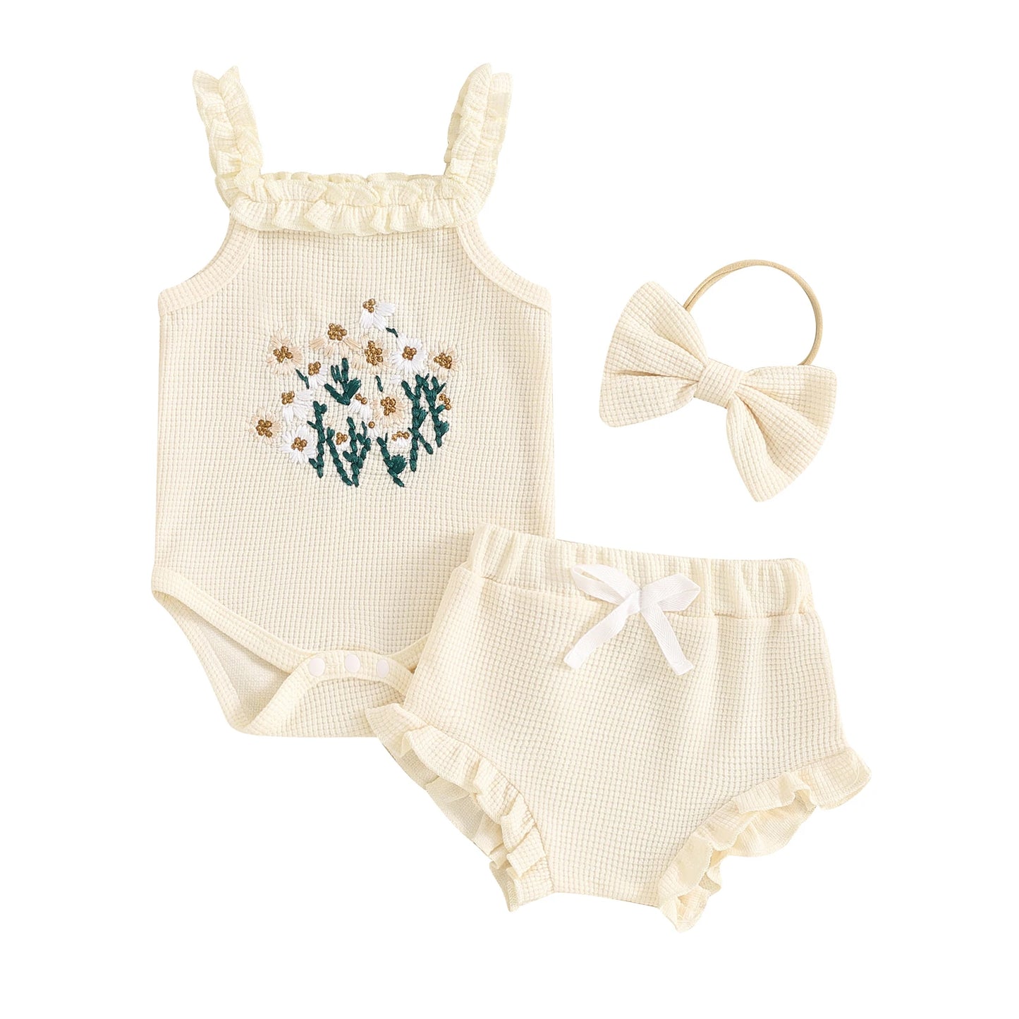 Mädchen Baby-Set 0–24 Monate, 100% Baumwolle, Kurzarm – Set bestehend aus 3 Teilen: Haarband, kurze Shorts und Body