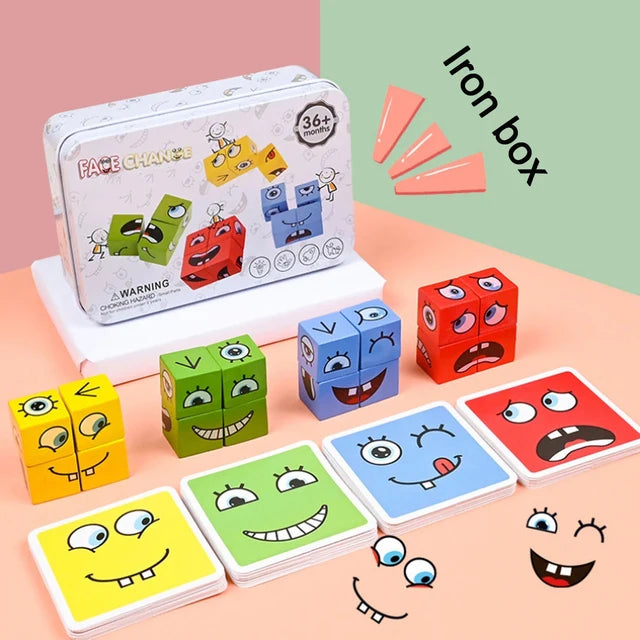 Montessori Ausdrucks-Spiel – Holz-Bausteine Gesichtspuzzle für Kinder, lustiges Reaktionsspiel ab 3 Jahren