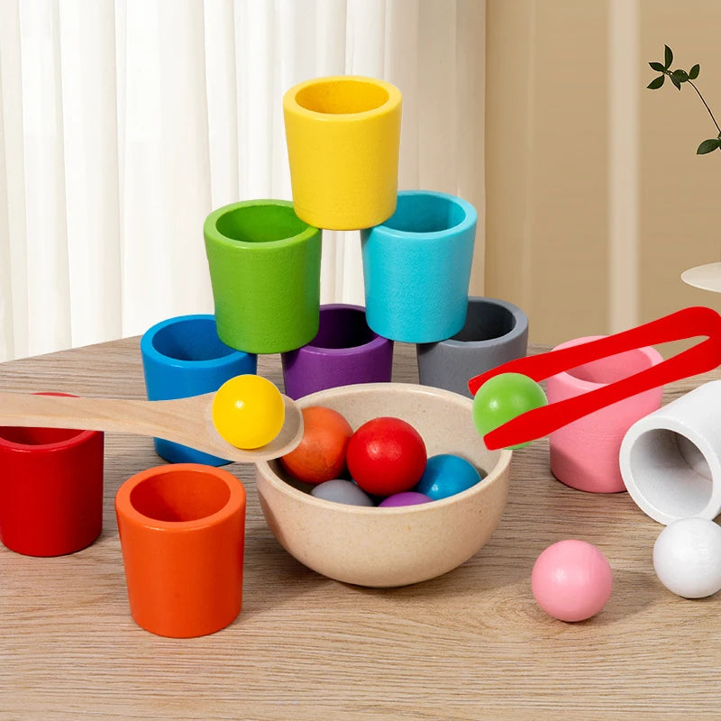 Montessori Holzspielzeug Farbzuordnungsspiel – Regenbogenbälle in Bechern, Frühes Lernspielzeug für Vorschulkinder ab 3 Jahren