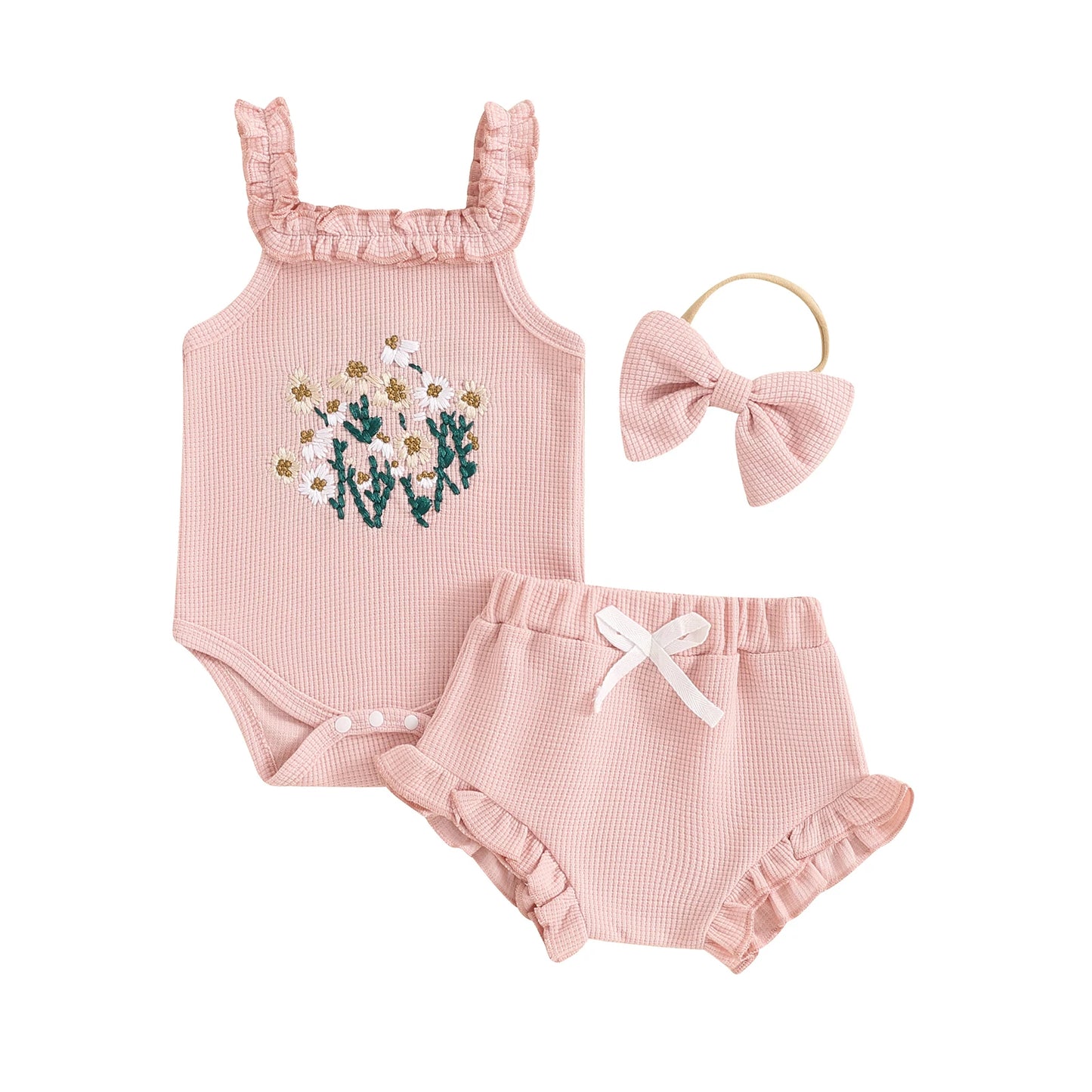 Mädchen Baby-Set 0–24 Monate, 100% Baumwolle, Kurzarm – Set bestehend aus 3 Teilen: Haarband, kurze Shorts und Body