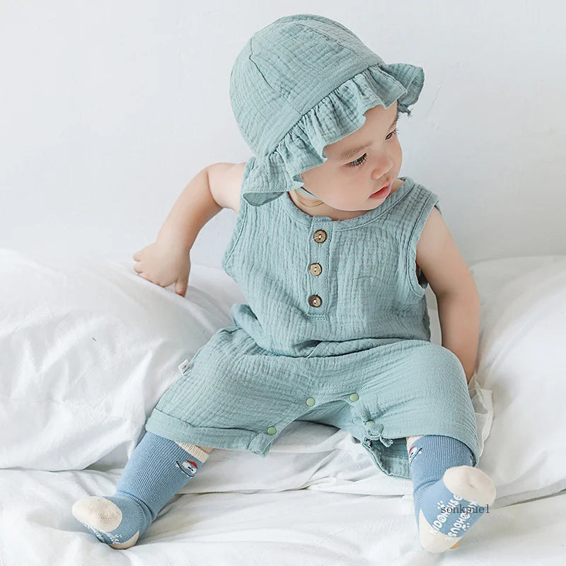 Unisex Body 0-24 Monate, 100% Baumwolle, Kurzarm mit Kapelusz, 2 Teile/Satz, Musselin Baby Spielanzug für Jungen und Mädchen