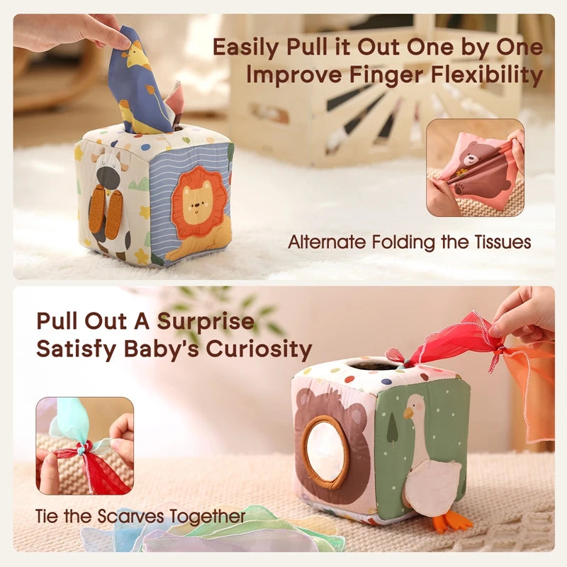 Montessori Baby Spielzeug – Magische Taschentuchbox aus Baumwolle mit Fingerübungen, Rassel, Stoffbuch & Aktivitätsbrett – Weiches Lernspielzeug ab 6 Monaten.