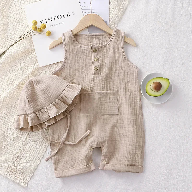 Unisex Body 0-24 Monate, 100% Baumwolle, Kurzarm mit Kapelusz, 2 Teile/Satz, Musselin Baby Spielanzug für Jungen und Mädchen