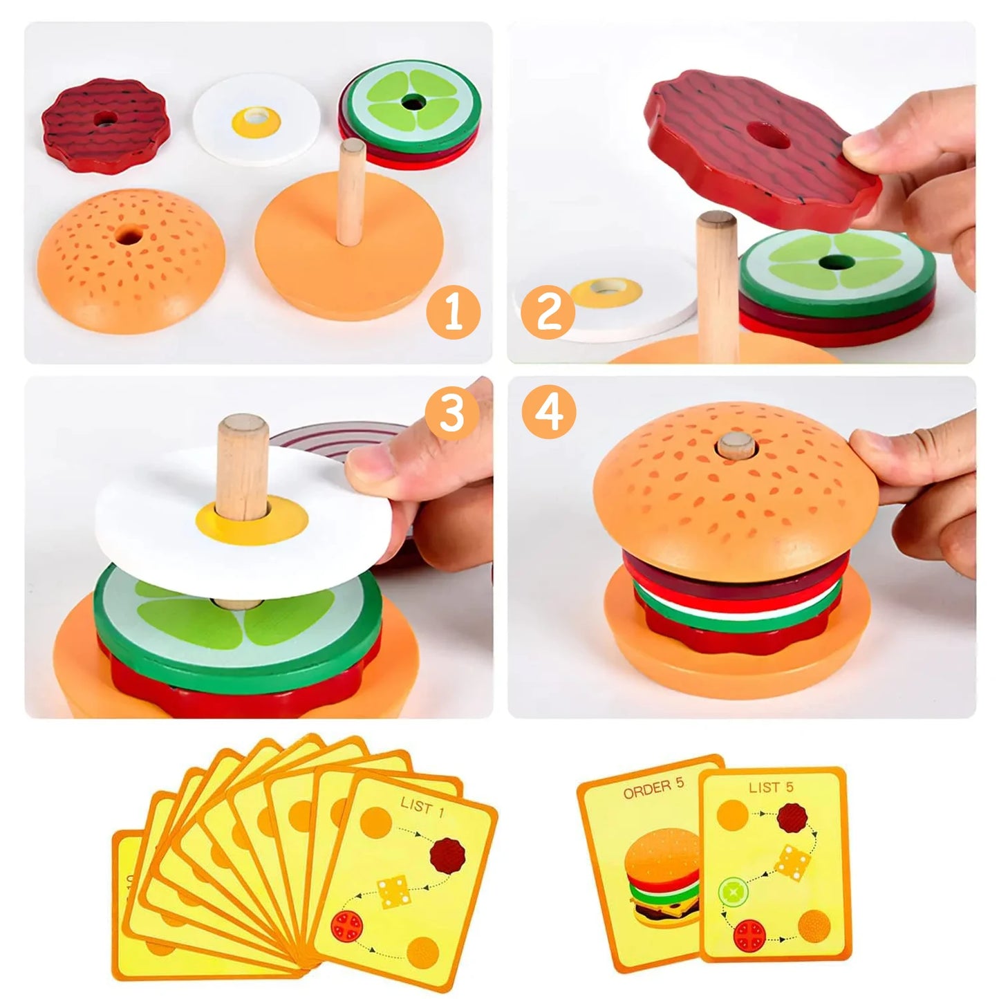 Holz Burger Sandwich Stapeln Spielzeug für Kleinkinder – Pädagogisches Lernspielzeug für Vorschule, Pretend Play und Kreatives Spielen