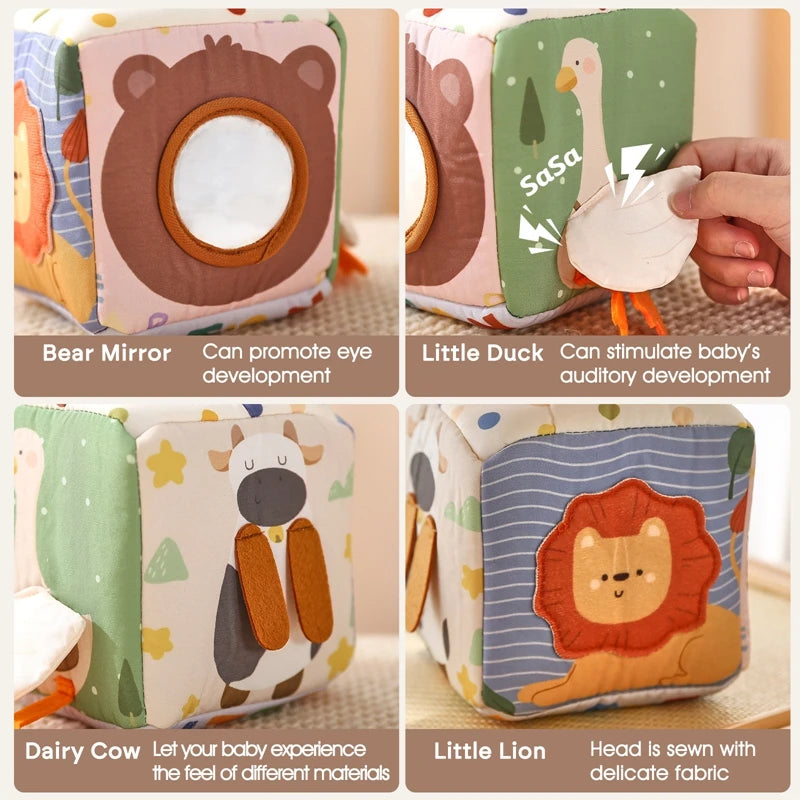 Montessori Baby Spielzeug – Magische Taschentuchbox aus Baumwolle mit Fingerübungen, Rassel, Stoffbuch & Aktivitätsbrett – Weiches Lernspielzeug ab 6 Monaten.