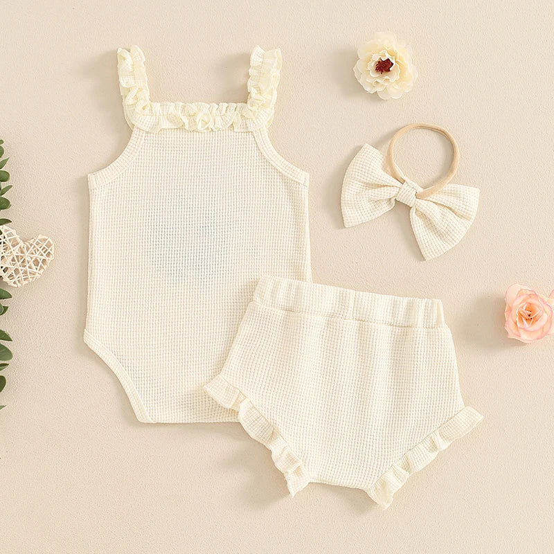 Mädchen Baby-Set 0–24 Monate, 100% Baumwolle, Kurzarm – Set bestehend aus 3 Teilen: Haarband, kurze Shorts und Body