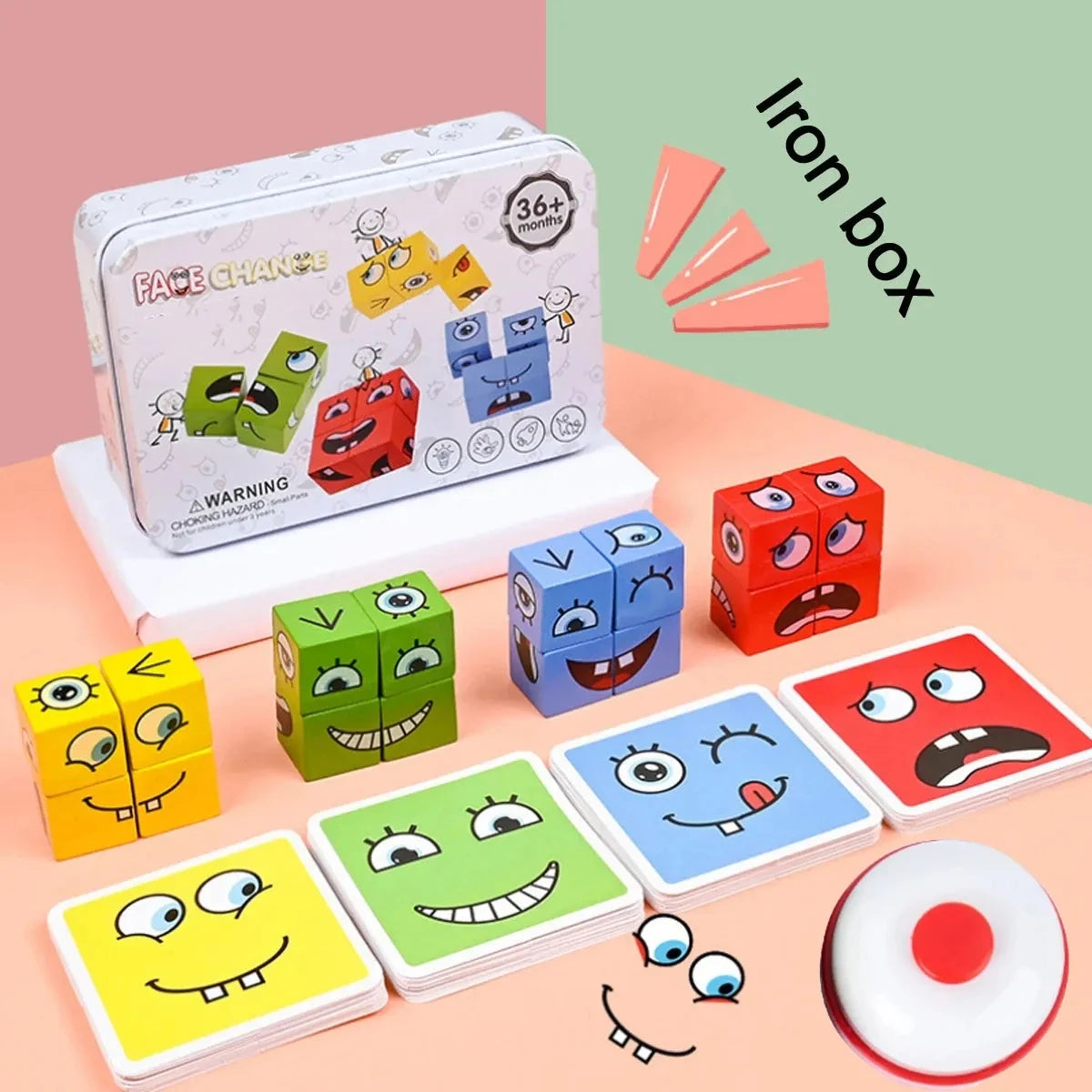 Montessori Ausdrucks-Spiel – Holz-Bausteine Gesichtspuzzle für Kinder, lustiges Reaktionsspiel ab 3 Jahren