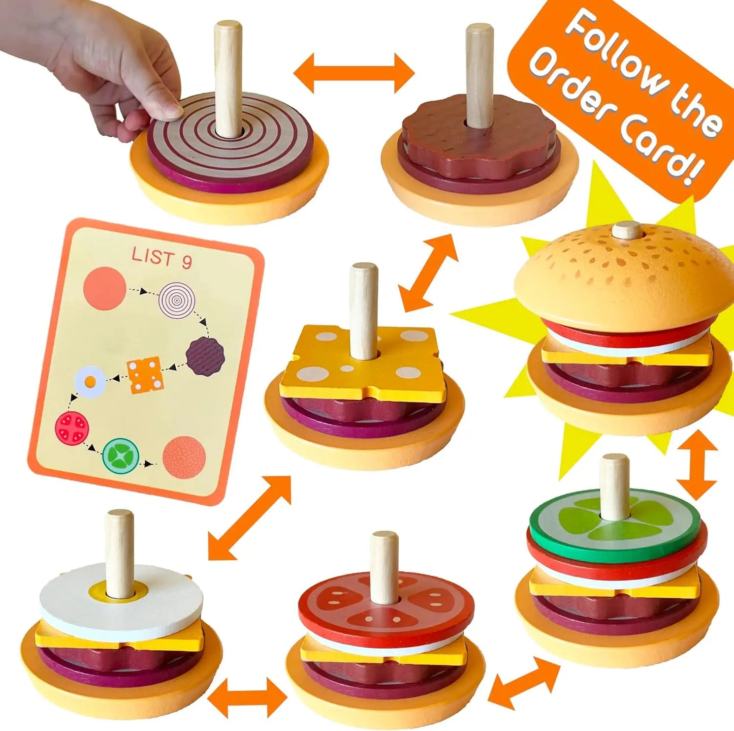 Holz Burger Sandwich Stapeln Spielzeug für Kleinkinder – Pädagogisches Lernspielzeug für Vorschule, Pretend Play und Kreatives Spielen