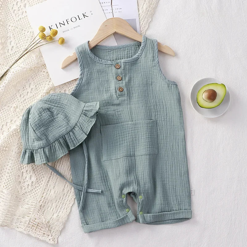 Unisex Body 0-24 Monate, 100% Baumwolle, Kurzarm mit Kapelusz, 2 Teile/Satz, Musselin Baby Spielanzug für Jungen und Mädchen
