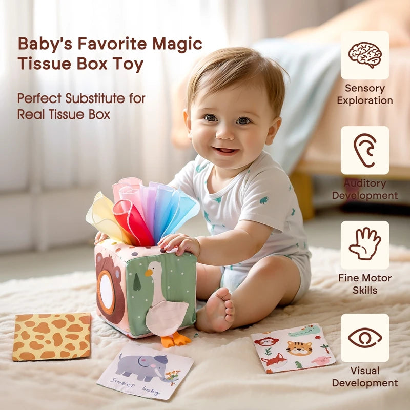 Montessori Baby Spielzeug – Magische Taschentuchbox aus Baumwolle mit Fingerübungen, Rassel, Stoffbuch & Aktivitätsbrett – Weiches Lernspielzeug ab 6 Monaten.
