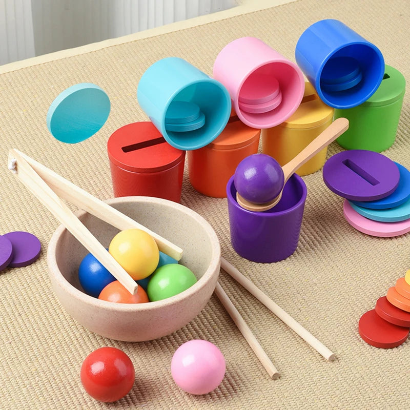 Montessori Holzspielzeug Farbzuordnungsspiel – Regenbogenbälle in Bechern, Frühes Lernspielzeug für Vorschulkinder ab 3 Jahren