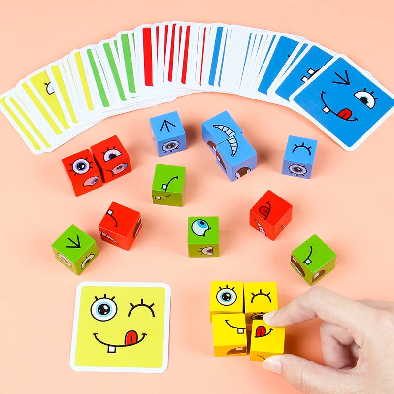 Montessori Ausdrucks-Spiel – Holz-Bausteine Gesichtspuzzle für Kinder, lustiges Reaktionsspiel ab 3 Jahren