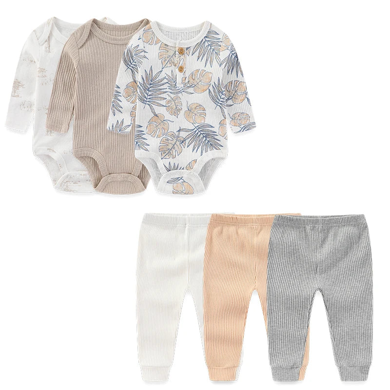 6-Piece Baby Clothing Set for Newborns – Long Sleeve Bodysuits + Pants, Unisex, For All Seasons, Comfortable Baby Clothing