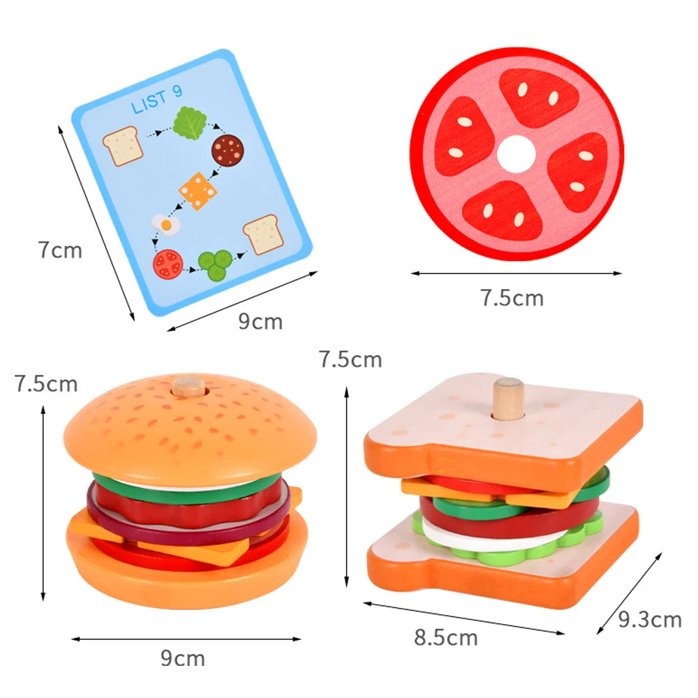 Holz Burger Sandwich Stapeln Spielzeug für Kleinkinder – Pädagogisches Lernspielzeug für Vorschule, Pretend Play und Kreatives Spielen