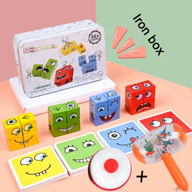 Montessori Ausdrucks-Spiel – Holz-Bausteine Gesichtspuzzle für Kinder, lustiges Reaktionsspiel ab 3 Jahren