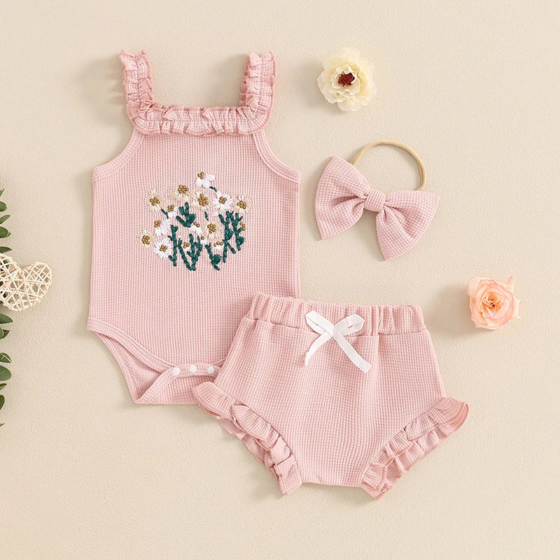 Mädchen Baby-Set 0–24 Monate, 100% Baumwolle, Kurzarm – Set bestehend aus 3 Teilen: Haarband, kurze Shorts und Body