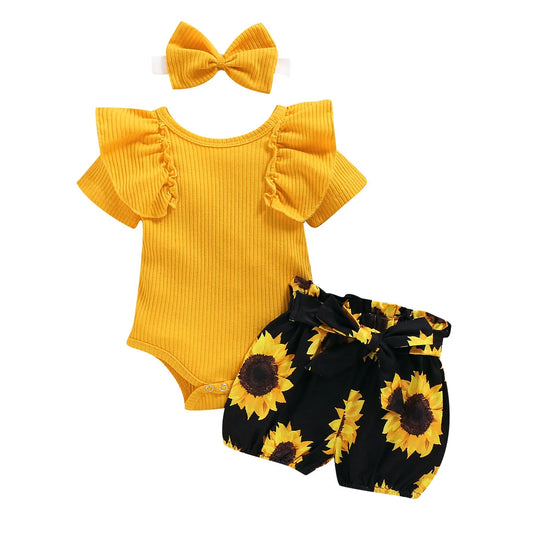 Mädchen Baby-Set 0–24 Monate, Kurzarm – 3-teiliges Set mit Body, Shorts und Kopfbedeckung