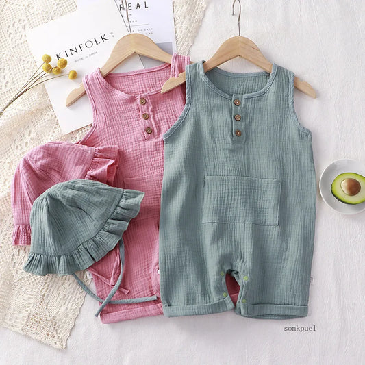 Unisex Body 0-24 Monate, 100% Baumwolle, Kurzarm mit Kapelusz, 2 Teile/Satz, Musselin Baby Spielanzug für Jungen und Mädchen