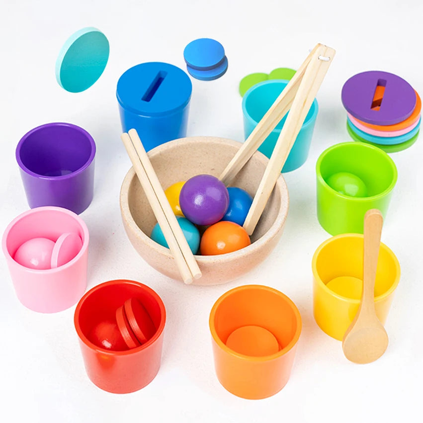 Montessori Holzspielzeug Farbzuordnungsspiel – Regenbogenbälle in Bechern, Frühes Lernspielzeug für Vorschulkinder ab 3 Jahren