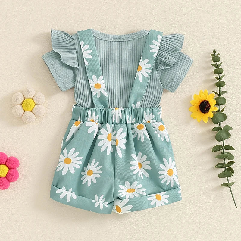 Mädchen Set – Kurzarm Strampler mit Blumenmuster & Hosenträger-Shorts, Sommer-Outfit für Babys (0-18 Monate)