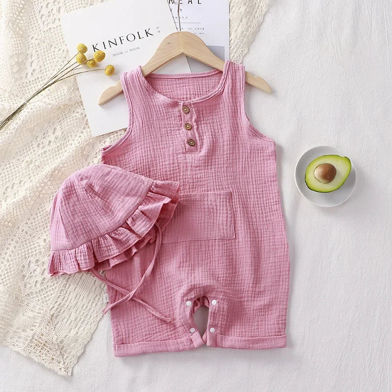 Unisex Body 0-24 Monate, 100% Baumwolle, Kurzarm mit Kapelusz, 2 Teile/Satz, Musselin Baby Spielanzug für Jungen und Mädchen
