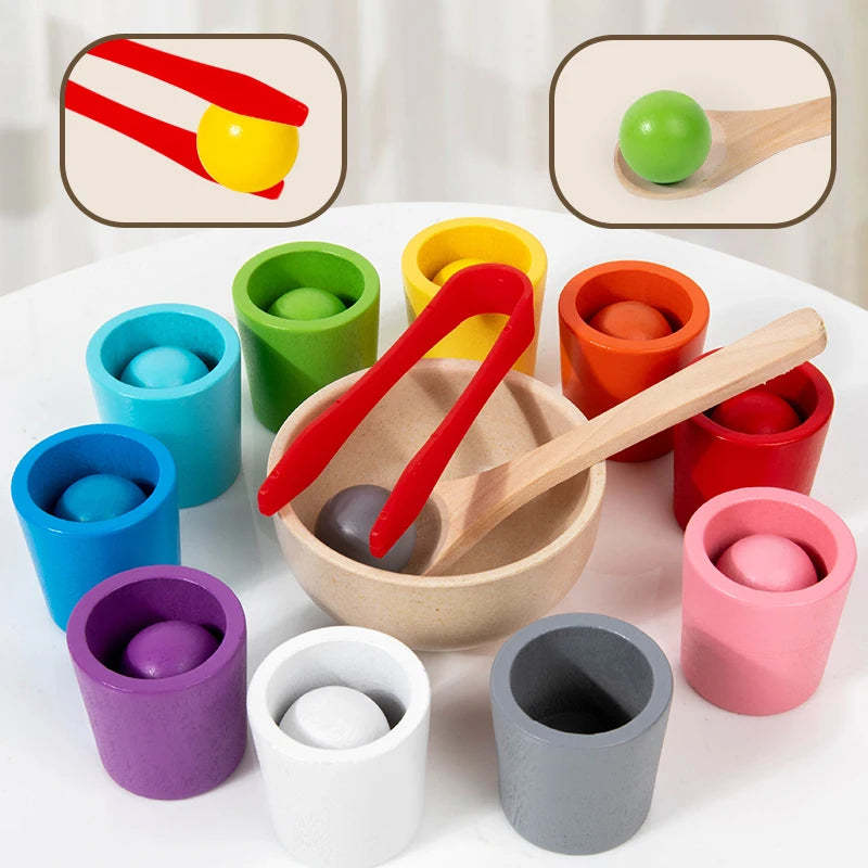 Montessori Holzspielzeug Farbzuordnungsspiel – Regenbogenbälle in Bechern, Frühes Lernspielzeug für Vorschulkinder ab 3 Jahren