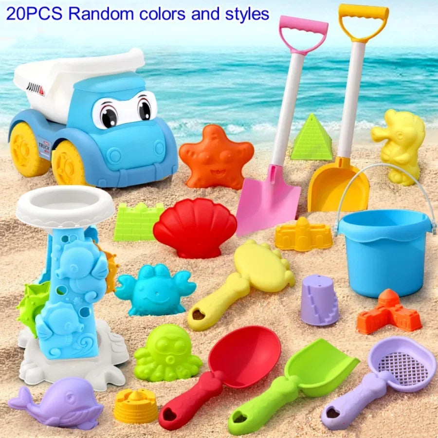 Kinder Strandspielzeug Set – ATV, Sandbagger und Wasser Spielzeug, Strand Eimer, Sanduhr, Schaufel, Strandspielzeug – Zufällige Farben