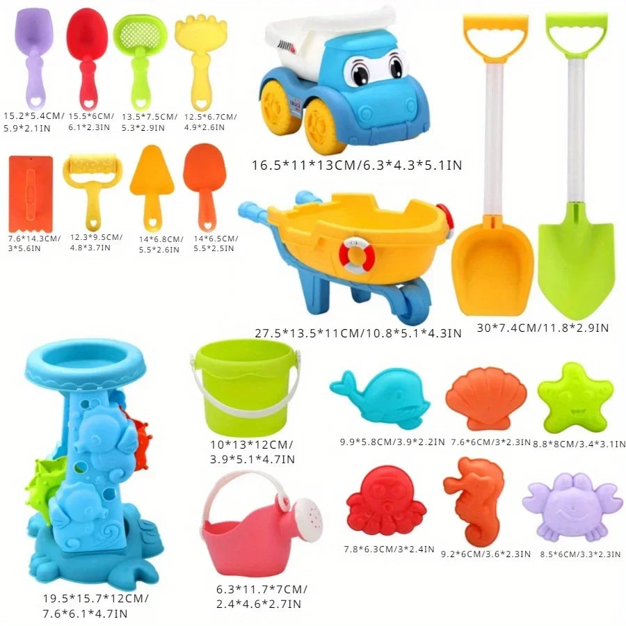 Kinder Strandspielzeug Set – ATV, Sandbagger und Wasser Spielzeug, Strand Eimer, Sanduhr, Schaufel, Strandspielzeug – Zufällige Farben