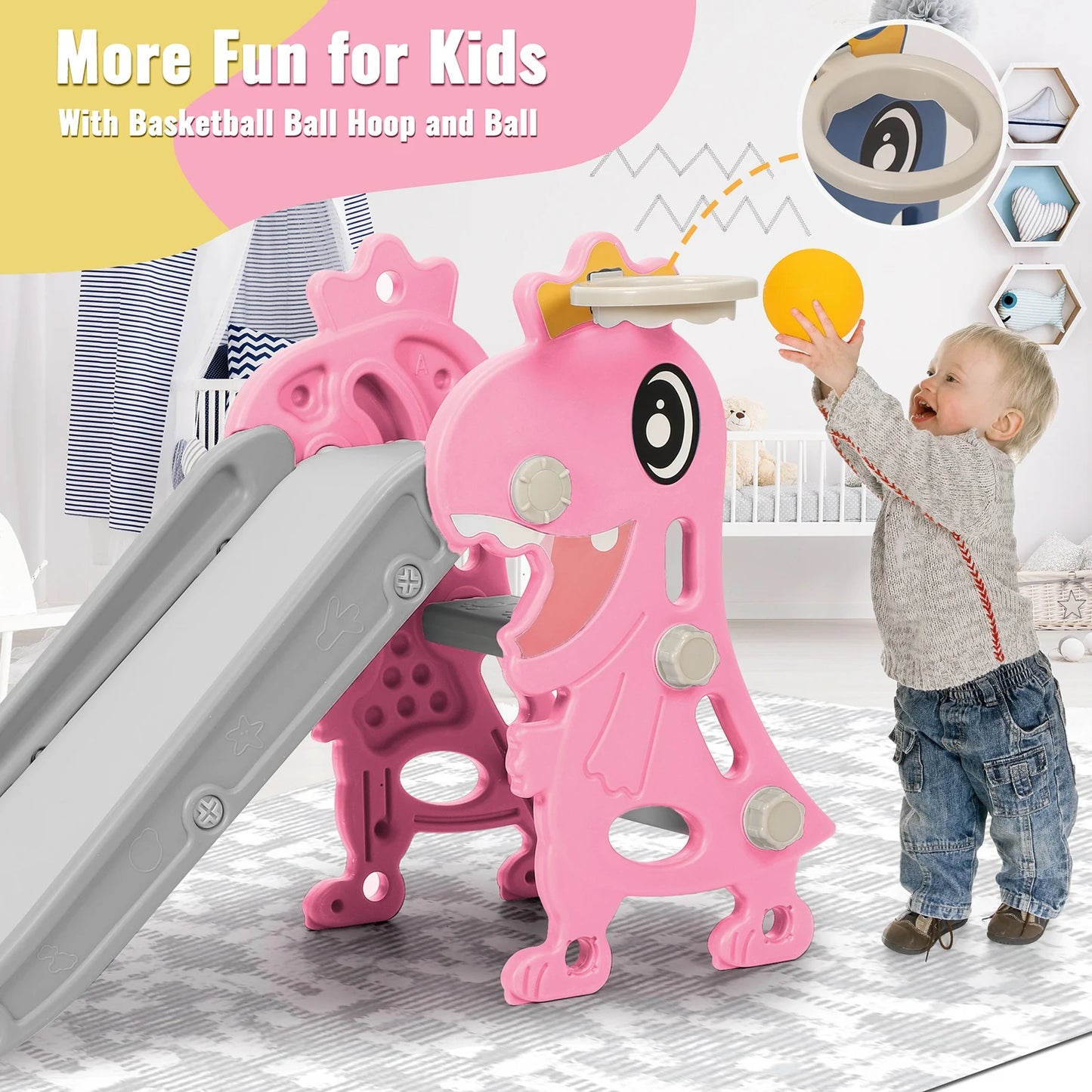 3-in-1 Kinderrutsche mit Basketballkorb & Kletterleiter – Höhenverstellbares Spielset für drinnen & draußen – Extra robust & sicher