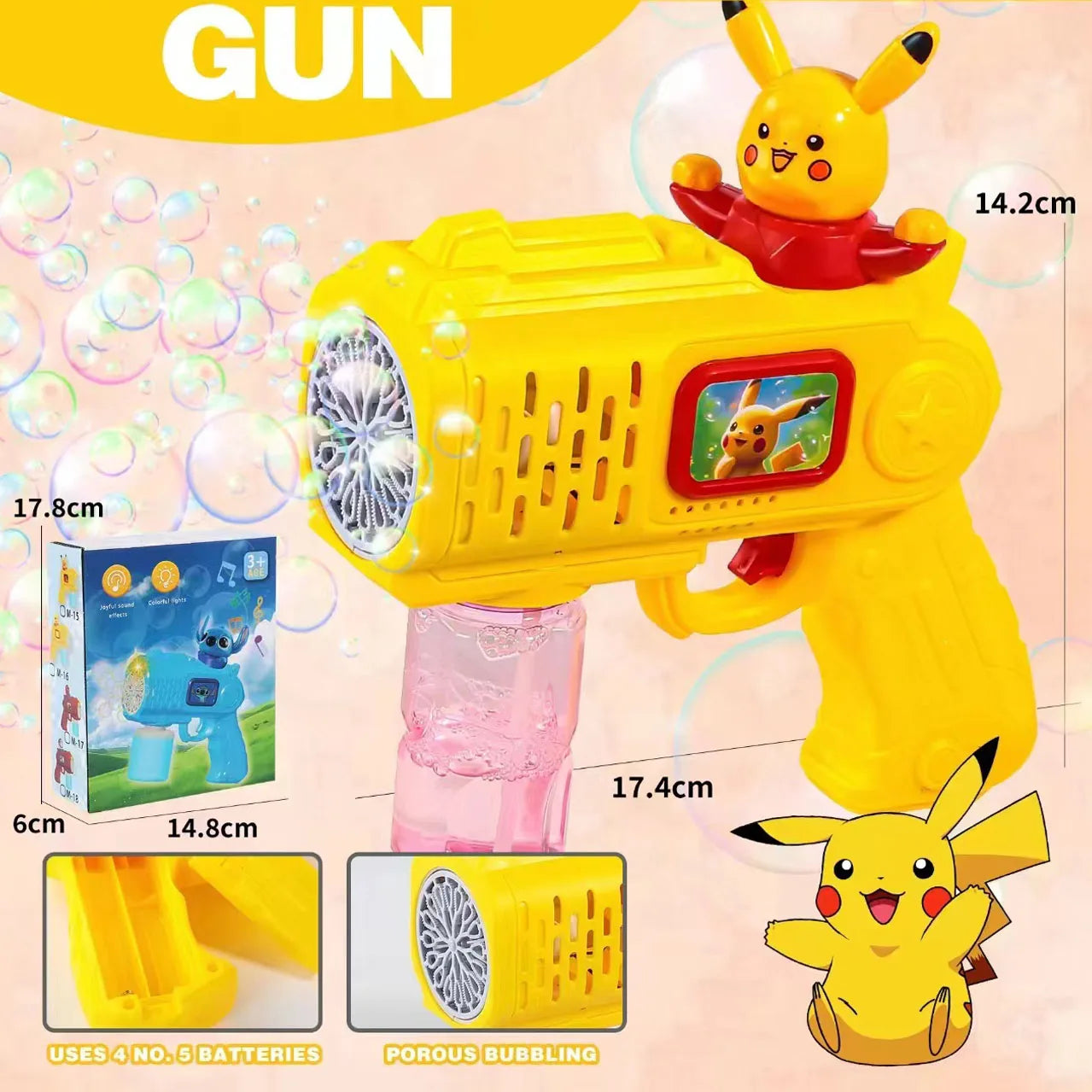 Neuer Stitch Elektrische Seifenblasenpistole – Automatische Seifenblasenmaschine mit Licht, für Kinder, Outdoor-Spielzeug, Geschenk für Jungen und Mädchen